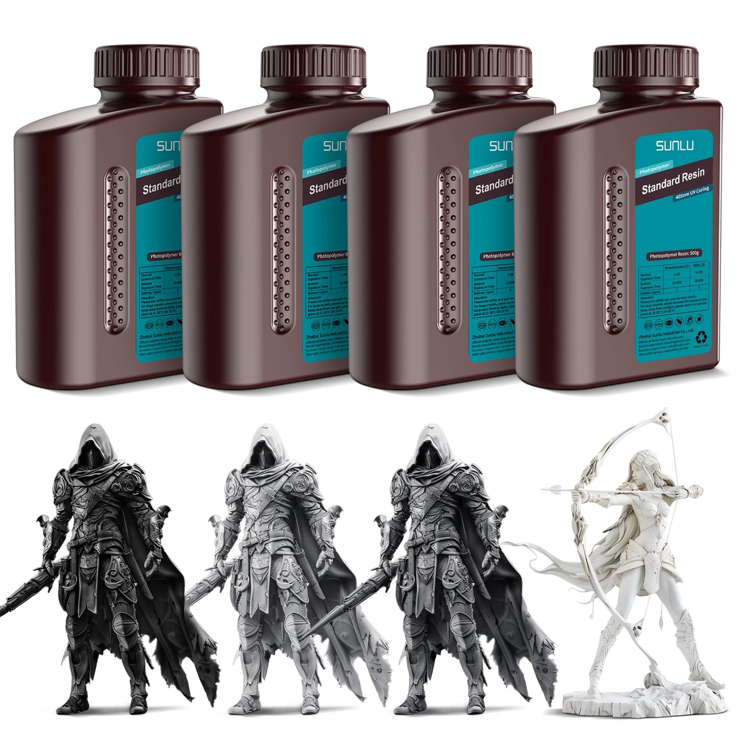 SUNLU 3D Printer Resin Bundle Multicolor, Rapid Curing Standard 3D Printing Photopolymer Resin, 2kg in Total, 0.5kg per Bottle, 4 Pack, Black+Light Grey+Dark Grey+White