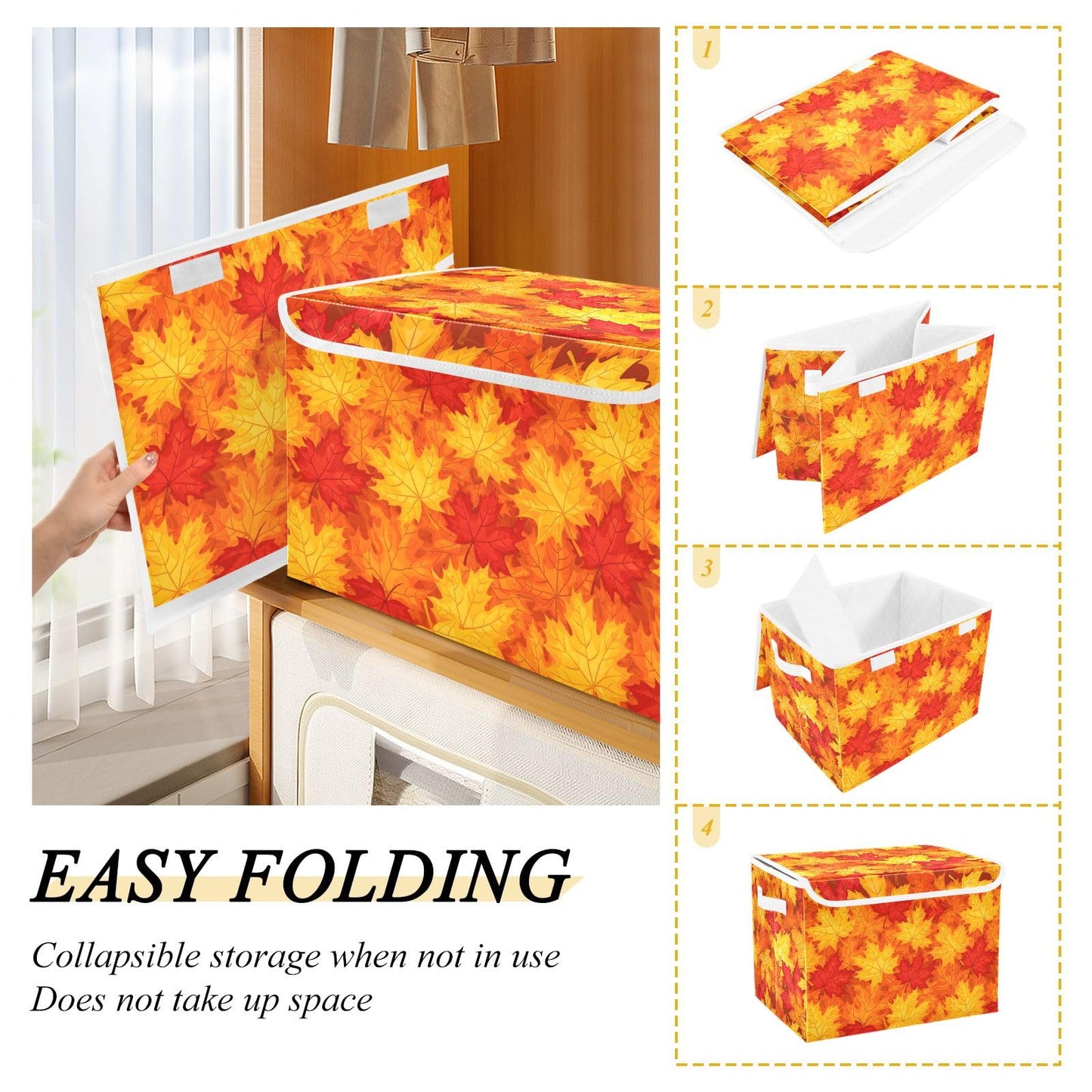 Bolaz Storage Bins with Lids and Handles, Fall Maple Leaves in Autumn Storage Box Storage Basket with Cover Collapsible Organizer Containers for Home Closet, Shelves