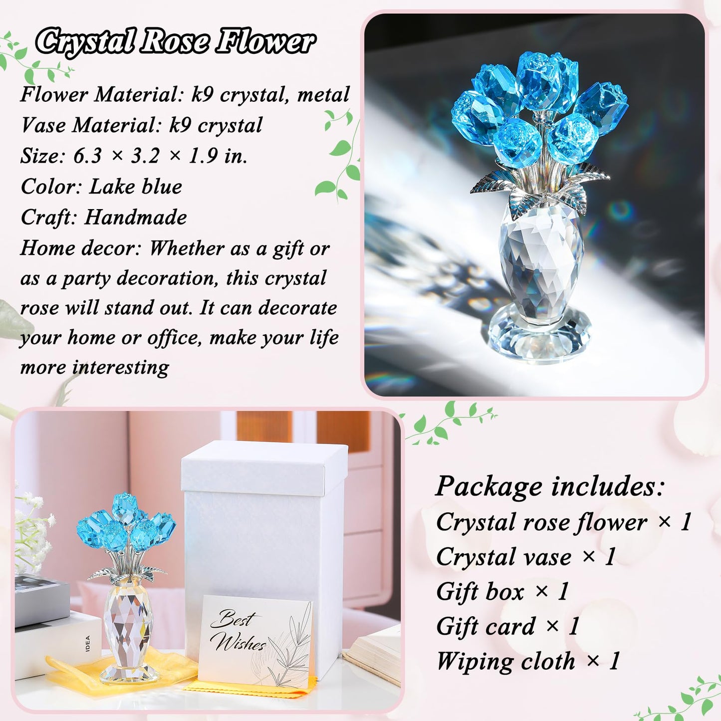 YWHL Crystal Lake Blue Rose Flower Bouquet Figurine with Vase, Handmade Glass Rose Flowers Gifts for Women on Mother's Day Valentine's, Crystal Roses with Stem Home Table Decor for Christmas
