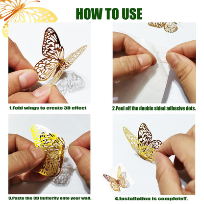 JOSDIOX 3D Butterfly Wall Decor Sticker -48 Pcs, 4 Styles, 3 Sizes Gold Butterflies Decoration for Party, Birthday & Wedding Celebrations, Cake Decorating, Balloons, Removable Stickers.