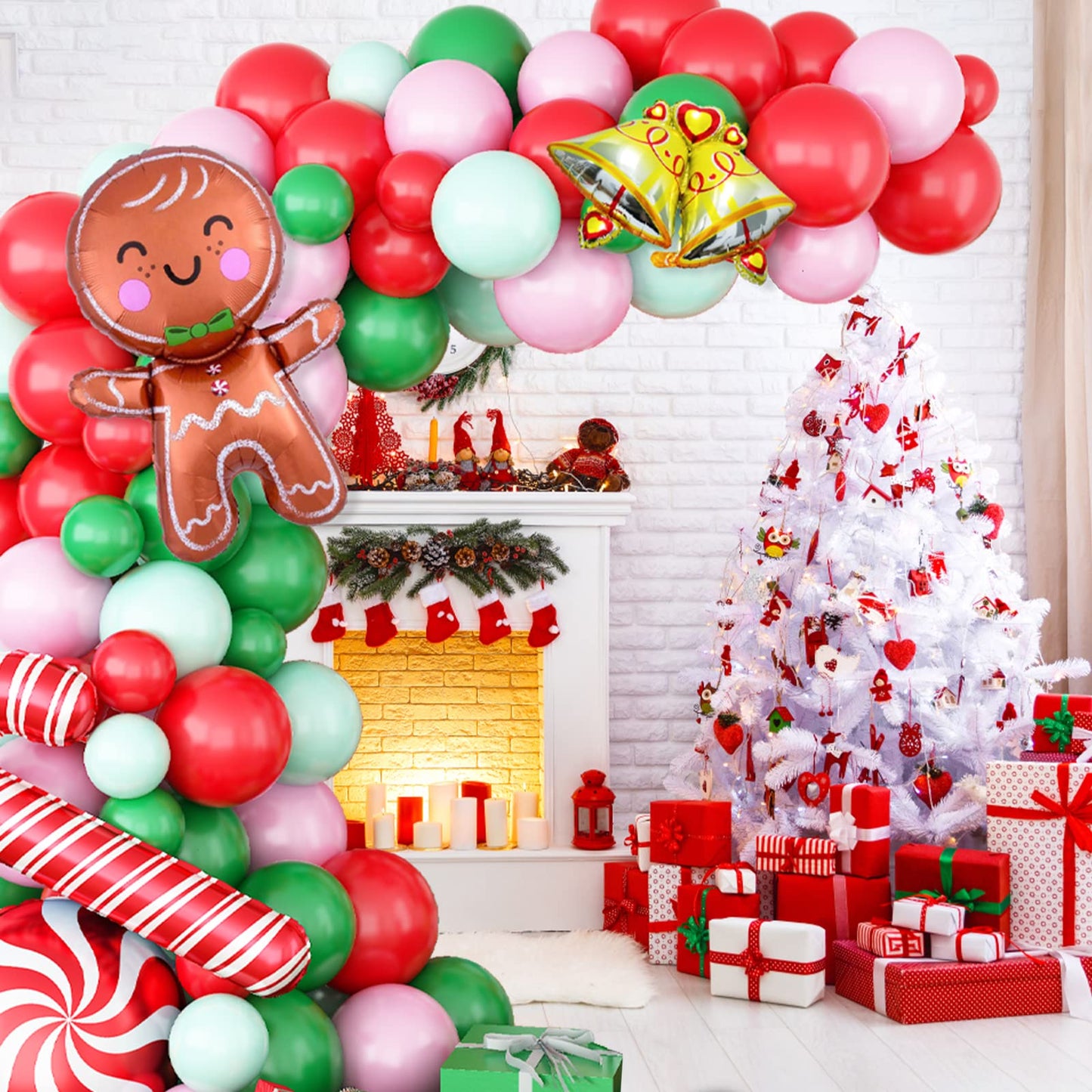 Christmas Balloon Garland Xmas Green Red White Arch kit Macaron green pink balloons Candy Bell Cane Foil Balloons With Large Gingerbread Balloon for Christmas Party Decorations Supplies