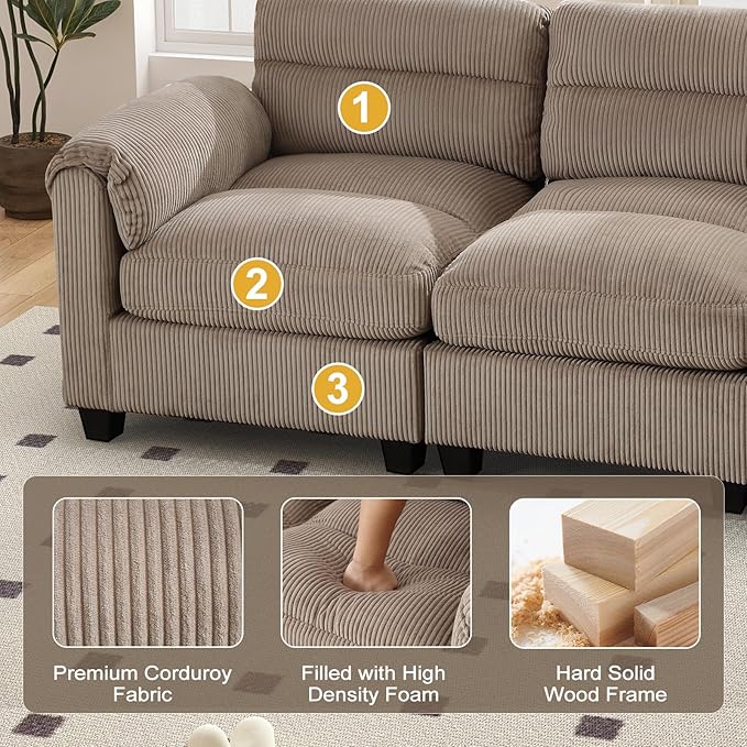 HAOMARKETS Corduroy Sofa Set, Upholstered Ottoman Footrest, Modern Living Room