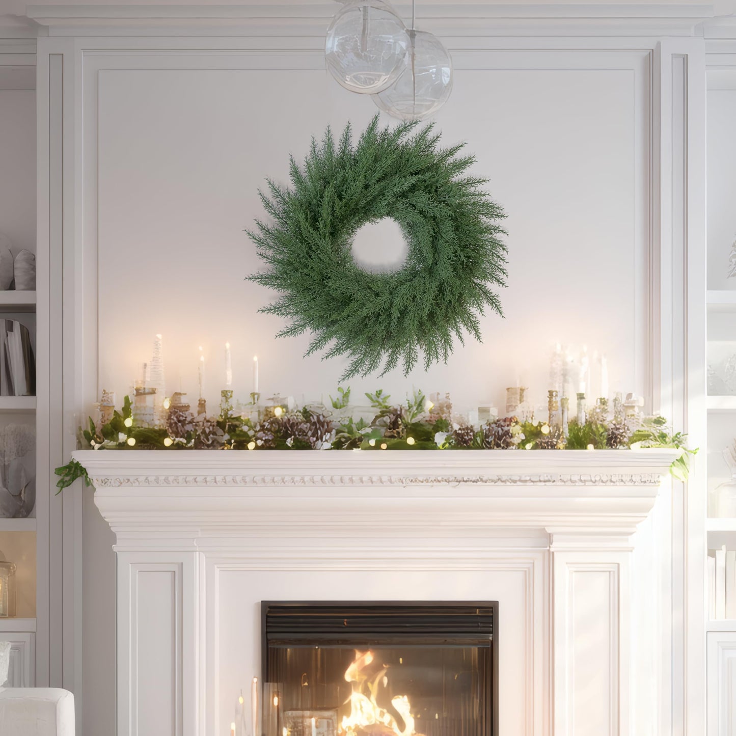 24 Inch Christmas Cedar Cypress Wreath – Artificial Greenery Wreath for Front Door, Farmhouse Holiday Winter Decor and Year-Round Indoor Outdoor Home Decoration