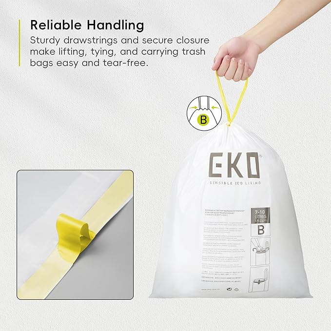 EKO 2.6 Gallon / 7-10 Liter, Extra-Strong Unscented Garbage Bags, Easy-Dispense