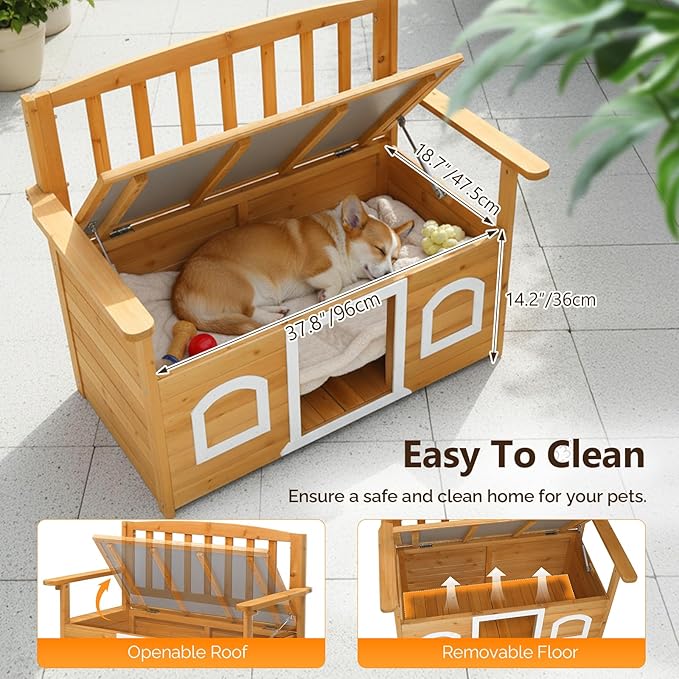 VINGLI Outdoor Storage Bench with Built-in Dog House, 2-in-1 Outdoor Waterproof Patio Bench with Pet Kennel for Patio Backyard Porch (Natural)