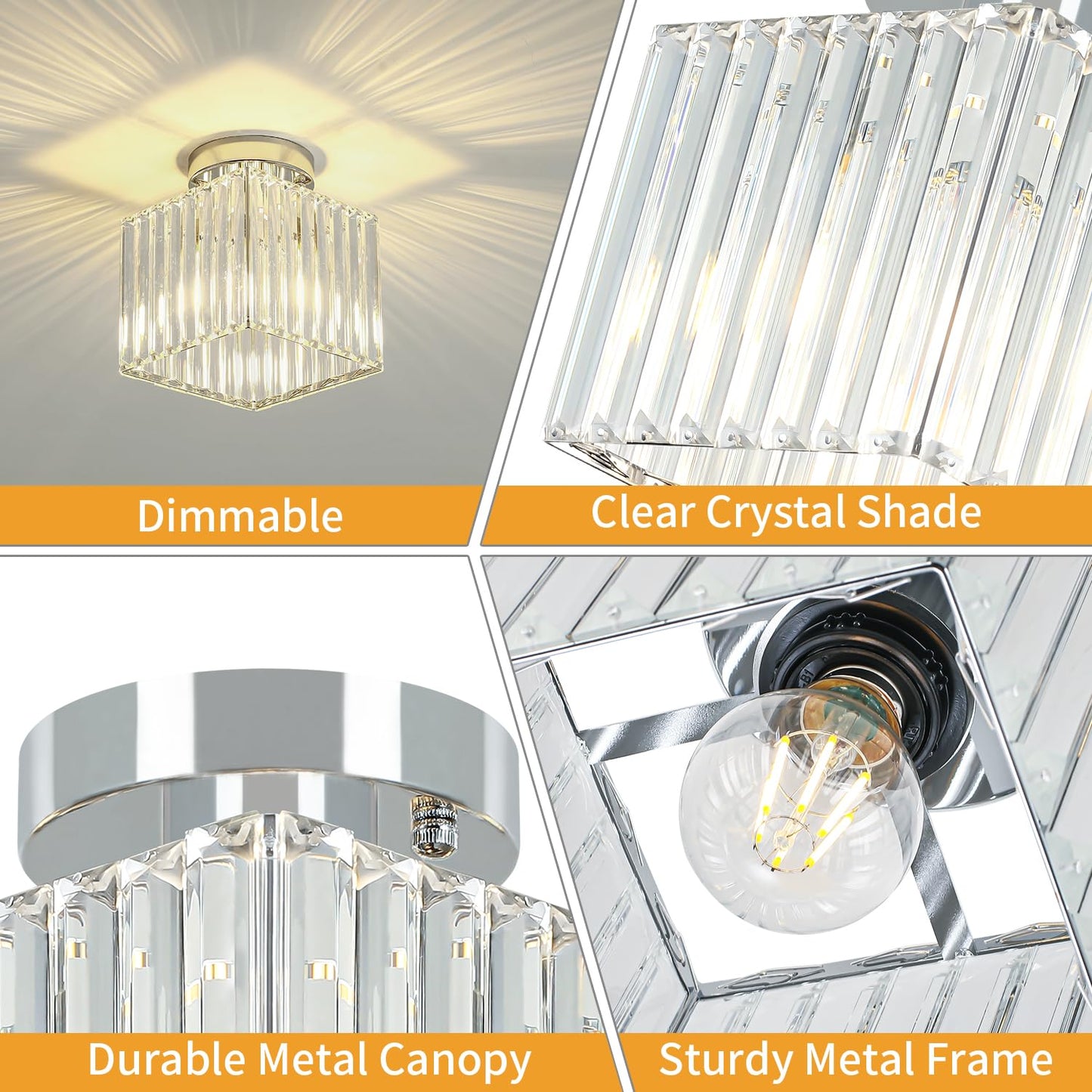 GZBEINI 2-Pack Modern Crystal Semi Flush Mount Ceiling Light, Mini Square Chrome Hallway Light Fixtures Close to Ceiling Lights for Entryway Bathroom Bedroom Kitchen Dining Room Laundry, 7.24Inch