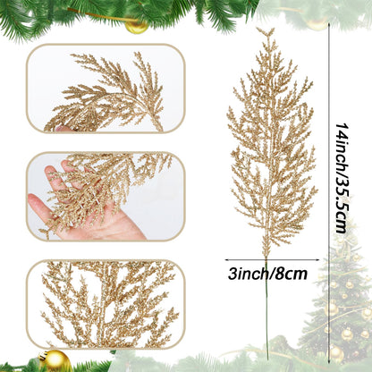 Jmkcoz Christmas Artificial Glitter Pine Tree Twig Ornaments, Xmas Picks Decorative Sticks Glittery Stems Branches for Christmas Tree Topper Wreath Vase Bouquet Floral Wedding Party (24, Champagne)