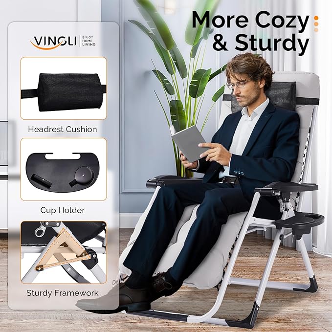 VINGLI Padded Zero Gravity Chair, Lounge Chair with Removable Cushion & Tray， Folding Reclining Patio Chairs， Recliner Chair for Lawn，Indoor and Outdoor