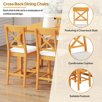 Merax 5 Piece Solid Wood Farmhouse Counter Height Dining Table Set with 3-Tier Storage Shelves,Upholstered Cross-Back Dining Chairs for 4,Rustic Dining Furniture for Kitchen,Dining Room,Brown