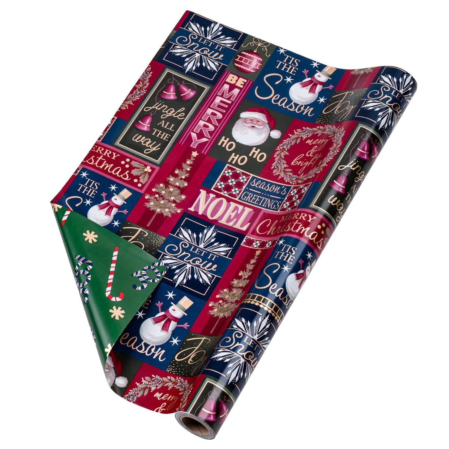 RUSPEPA Reversible Wrapping Paper Roll - Mini Roll - Christmas Santa Claus, Snowman and Candy Cane Pattern Great for Christmas, Party, Holiday - 17.5 Inches X 32.8 Feet