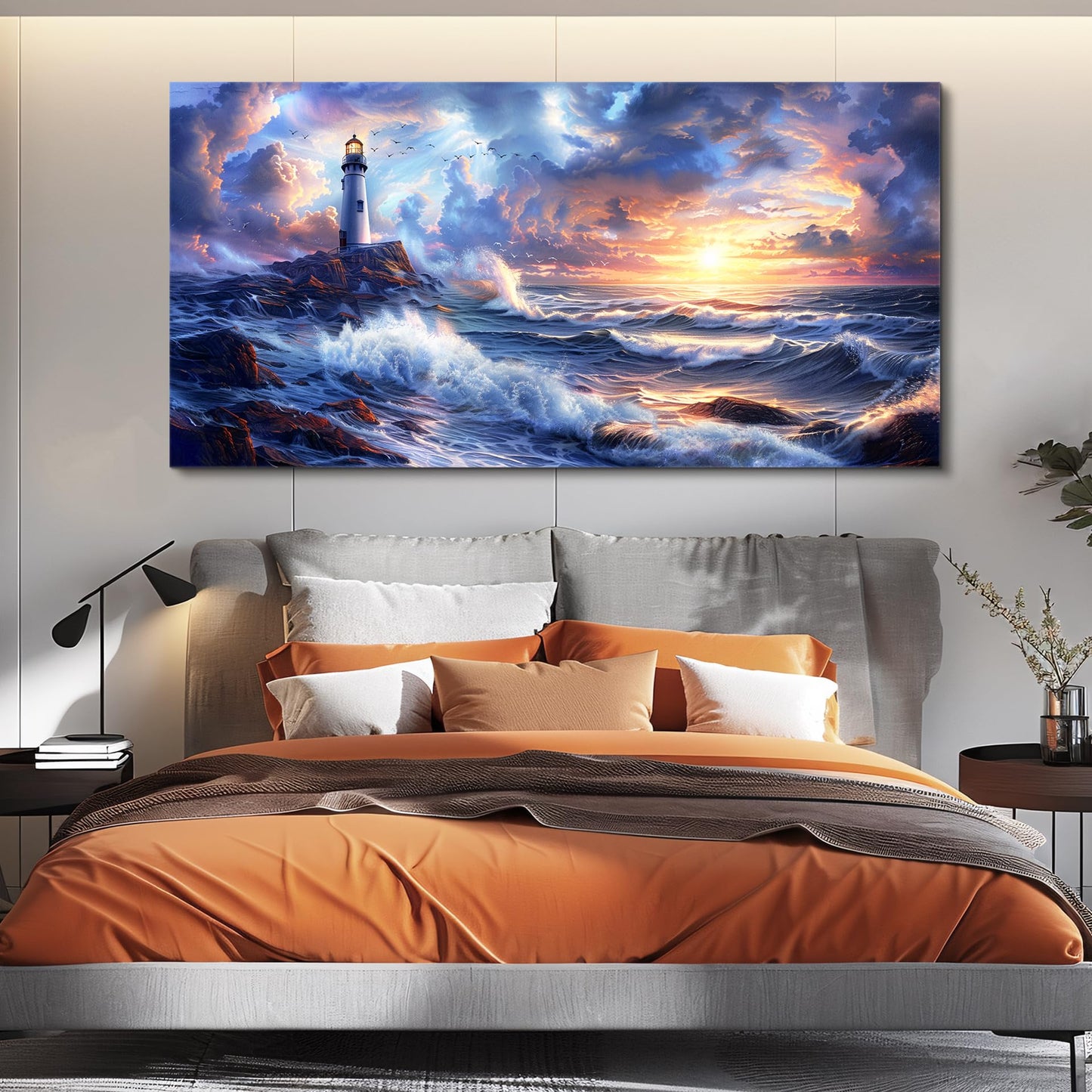 JUDASJART Wall Decor For Bedroom Large Wall Art For Living Room Modern Office Decorations Ocean Sea Wave Paintings Lighthouse Seascape Pictures Canvas Artwork Home Decor Ready To Hang