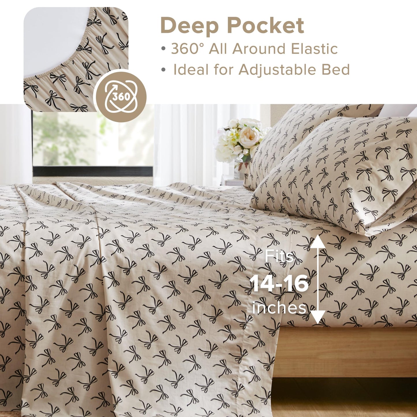 Comfort Spaces 100% Cotton Sheets King, Breathable, Naturally Cool Cotton Sheets, Soft Cotton Bed Sheets with 14" Elastic Pocket Fits up to 16" Mattress, All Seasons Sheet Set, Bow Black/Taupe 4 Piece
