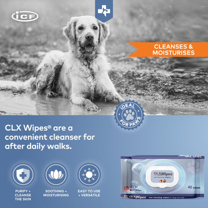 ICF | CLX Cat & Dog Wipes | Antibacterial & Antifungal Cleansing Wipes for Paws, Skin Folds & Ears | Supports Healthy Skin & Odor Control | 40 Count