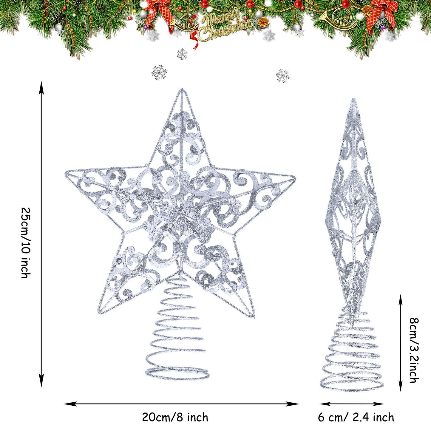 Blulu Christmas Star Tree Topper 10 Inch Glittered 3D Metal Star Treetop Topper Christmas Hollow Sequin Tree Decoration for Xmas Holiday Party Decoration Indoor(Silver)