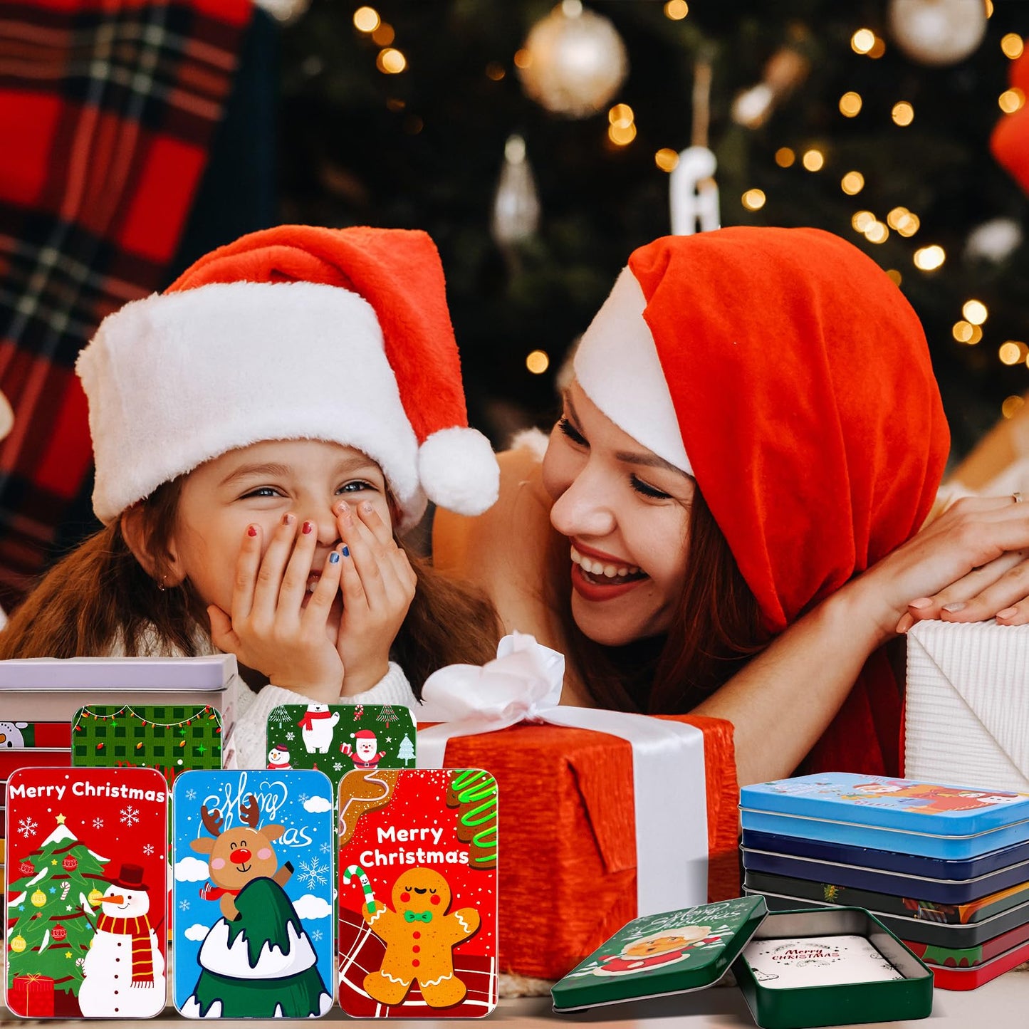 MGparty 24 PCS Christmas Gift Card Tin Boxes with Lids, Small Metal Holiday Gift Card Holders for Candy Cash Jewelry, Bulk Xmas Stocking Stuffers & Christmas Party Favor Gift Set