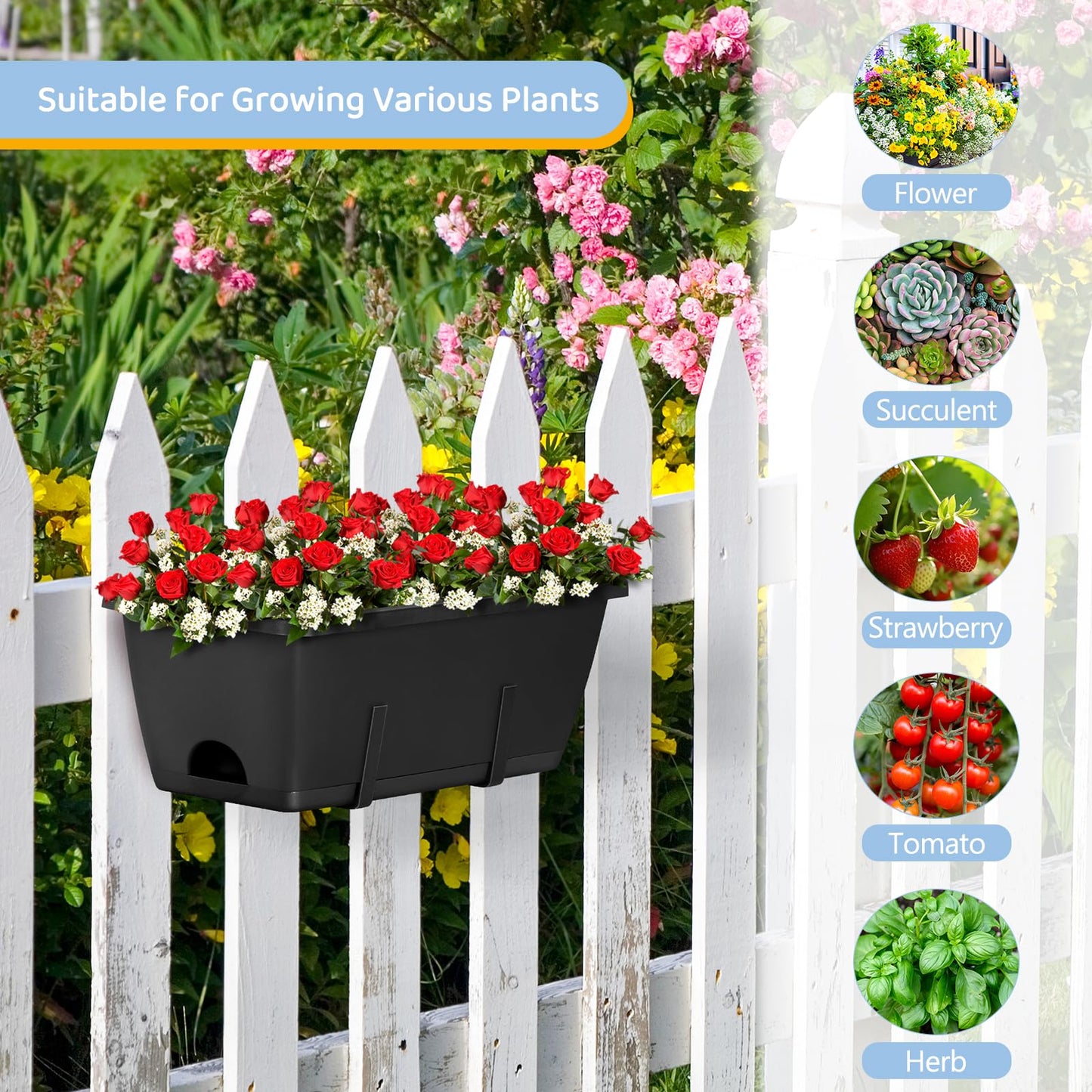 4 Pack Window Boxes Planters 17’’ Railing Planter Box with Adjustable Brackets, Deck Railing Hanging Flower Pots Rectangular Herb Planter for Outdoor Fence Garden, Balcony Decor
