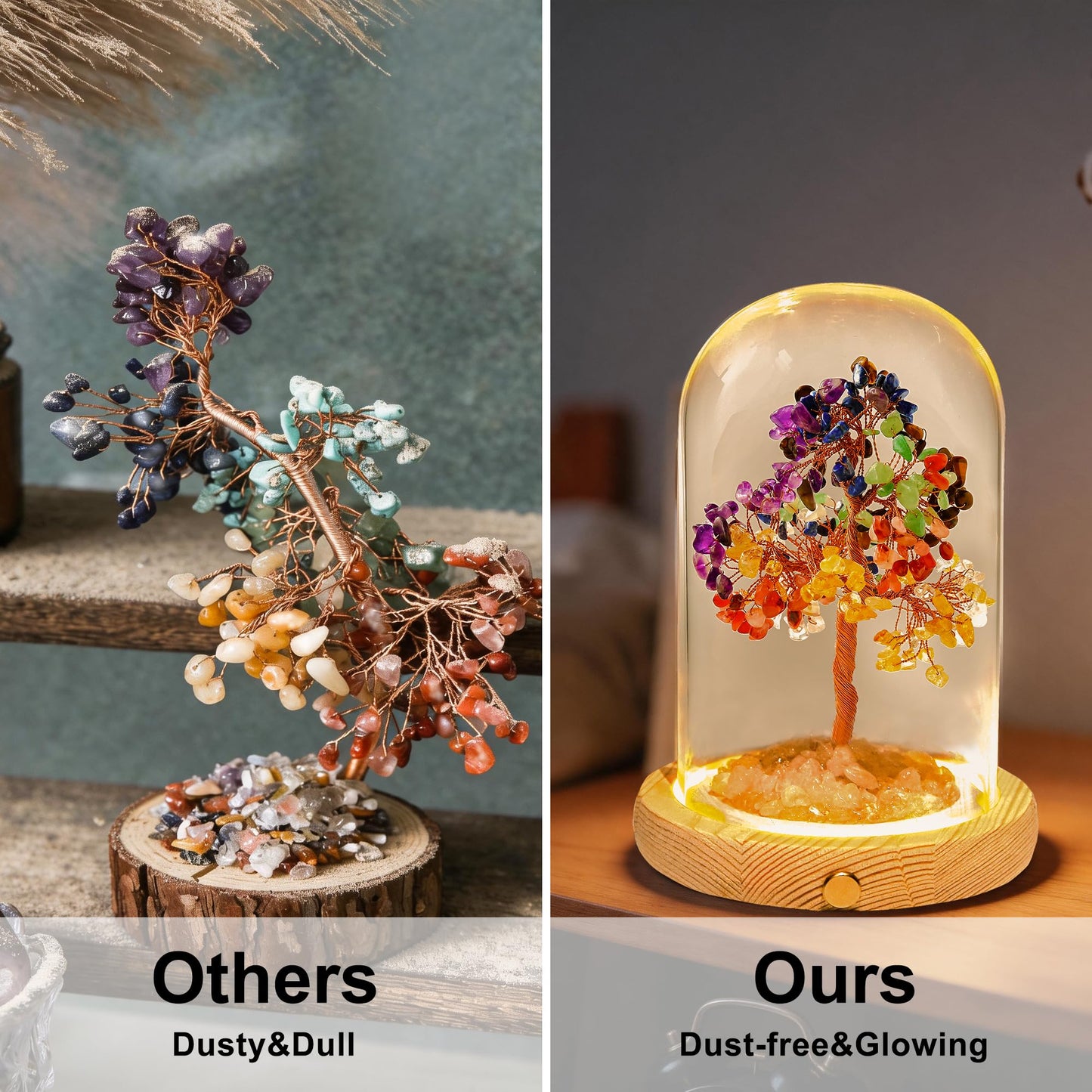 JLDTOP 7 Chakra Crystal Tree LED Night Light Glass Dome Healing Desk Decor