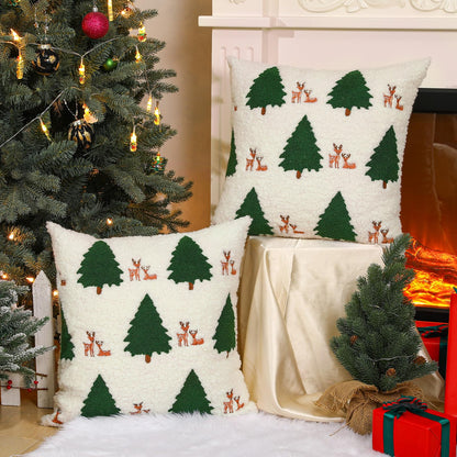 Lewondr Christmas Pillow Covers 18x18 inch, 2 Pack Christmas Throw Pillow Covers with Reindeer Embroidery, Soft Velvet Xmas Tree Pillows Cover for Living Room Couch Sofa Bed Home Decoration, Beige