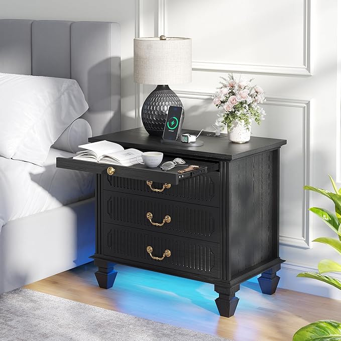 25.6'' Wide Bedside Table with 3 Drawers & Pull-out Tray, Smart Night Stand