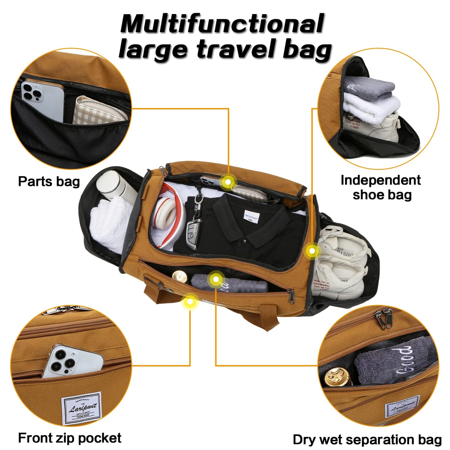 Laripwit Travel Duffle Bag for men 40L Medium Sports Gym Bag with Wet Pocket & Shoes Compartment Weekender Overnight Backpack for Traveling Duffel Bag Backpack for Women, Khaki