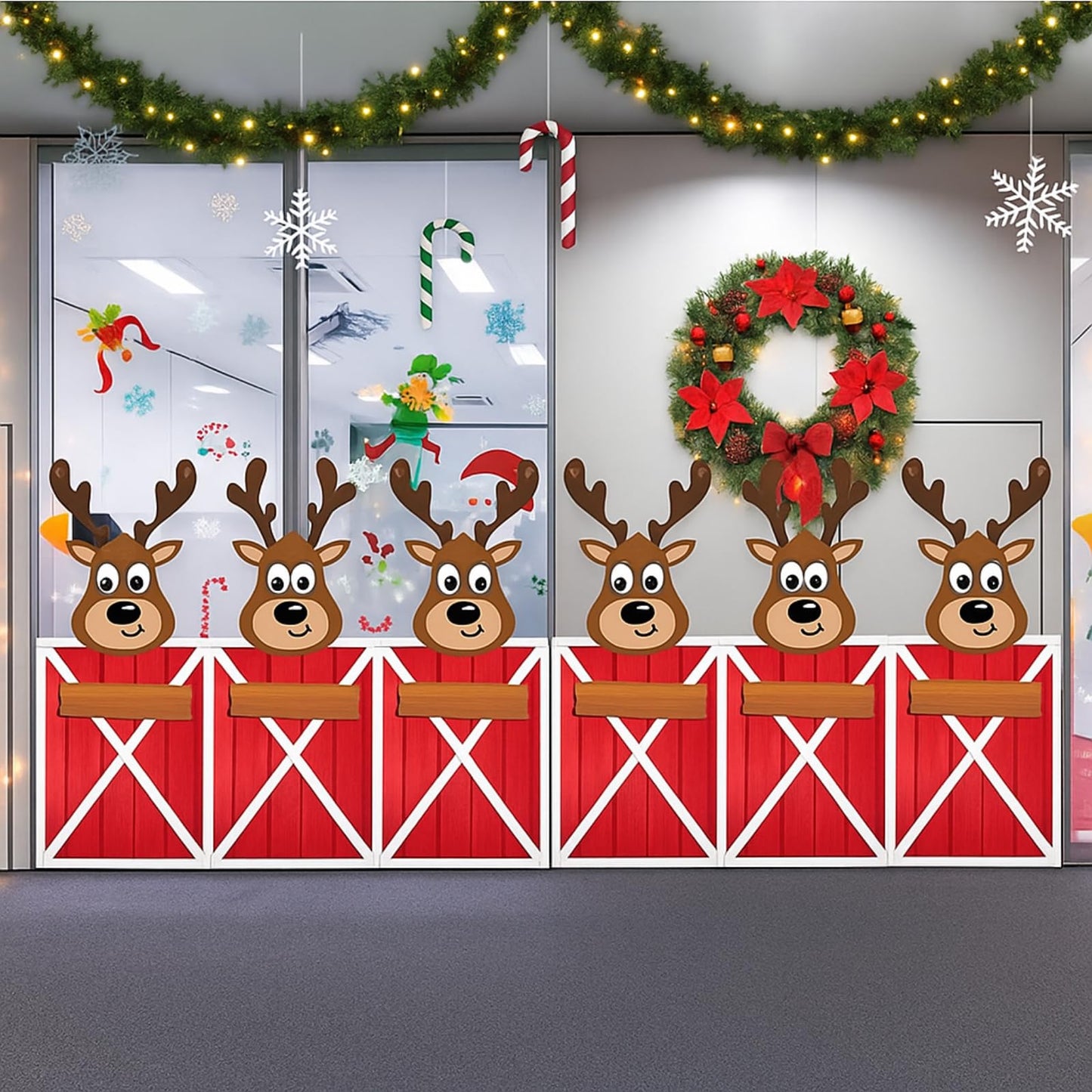 HunnmingRe 3 Pcs Large Reindeer Stables Christmas Office Decoration 78.7 Inch Reindeer Door Banner with Hook Double-Sided Tape Winter Xmas Elk Wall Supplies for Garage Classroom Office Decoration