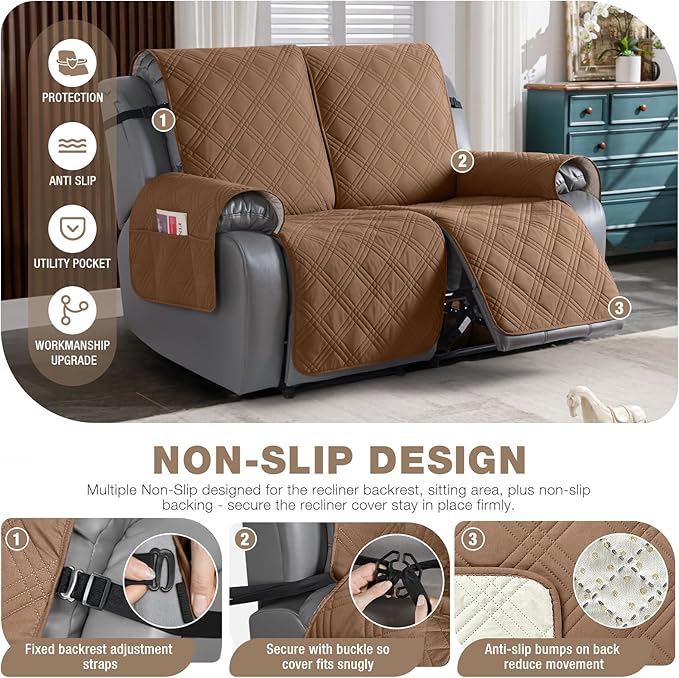 TAOCOCO 100% Waterproof Loveseat Recliner Cover, Non Slip Split Recliner Couch