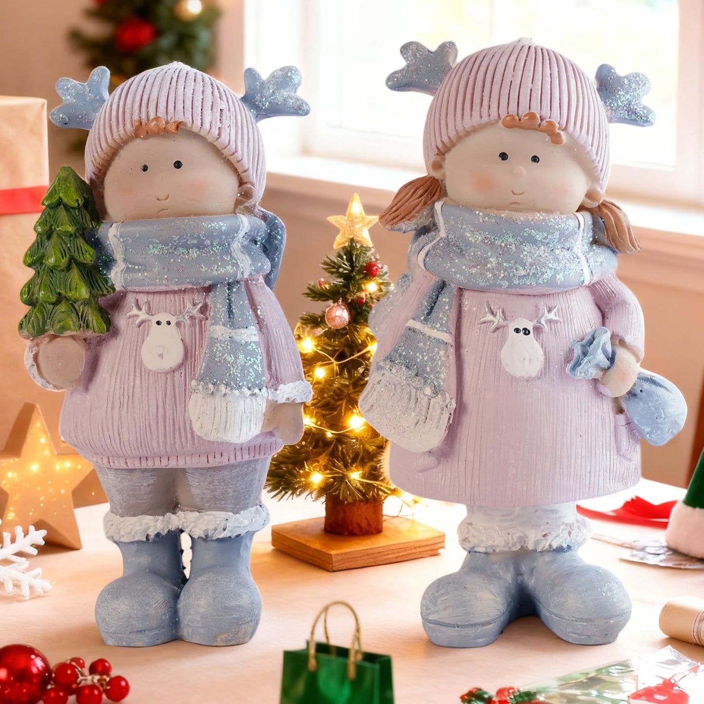 Brizoria Christmas Home Decor Set of 2 Resin Mini Sculptures with Reindeer Hats, Cute Female Themed Winter Ornaments for Mantel, Tiered Tray & Indoor Tabletop Christmas Decor