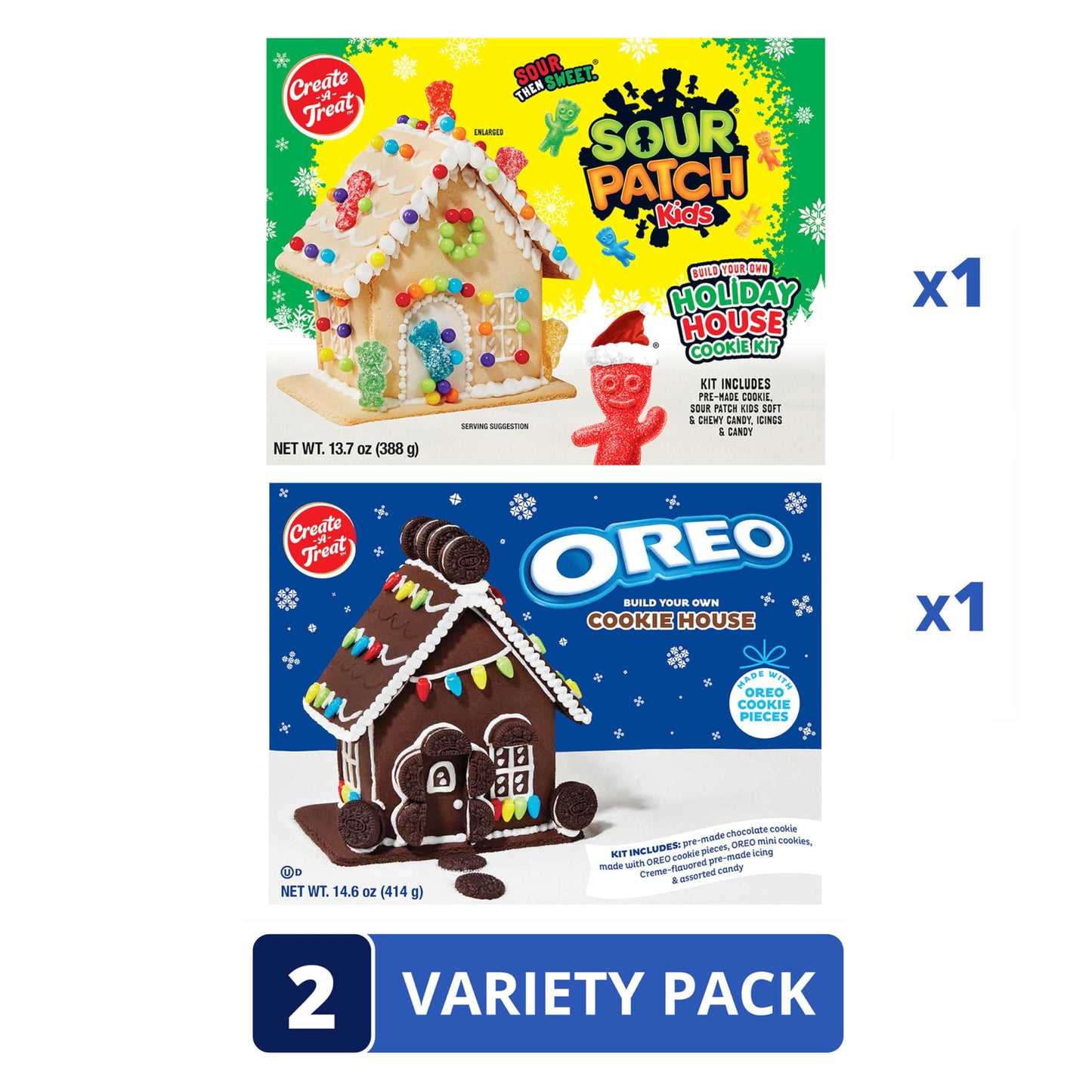 Create-A-Treat OREO and SOUR PATCH KIDS Holiday Cookie House Decorating Kits, 2 Pack Holiday Cookie Decorating Variety