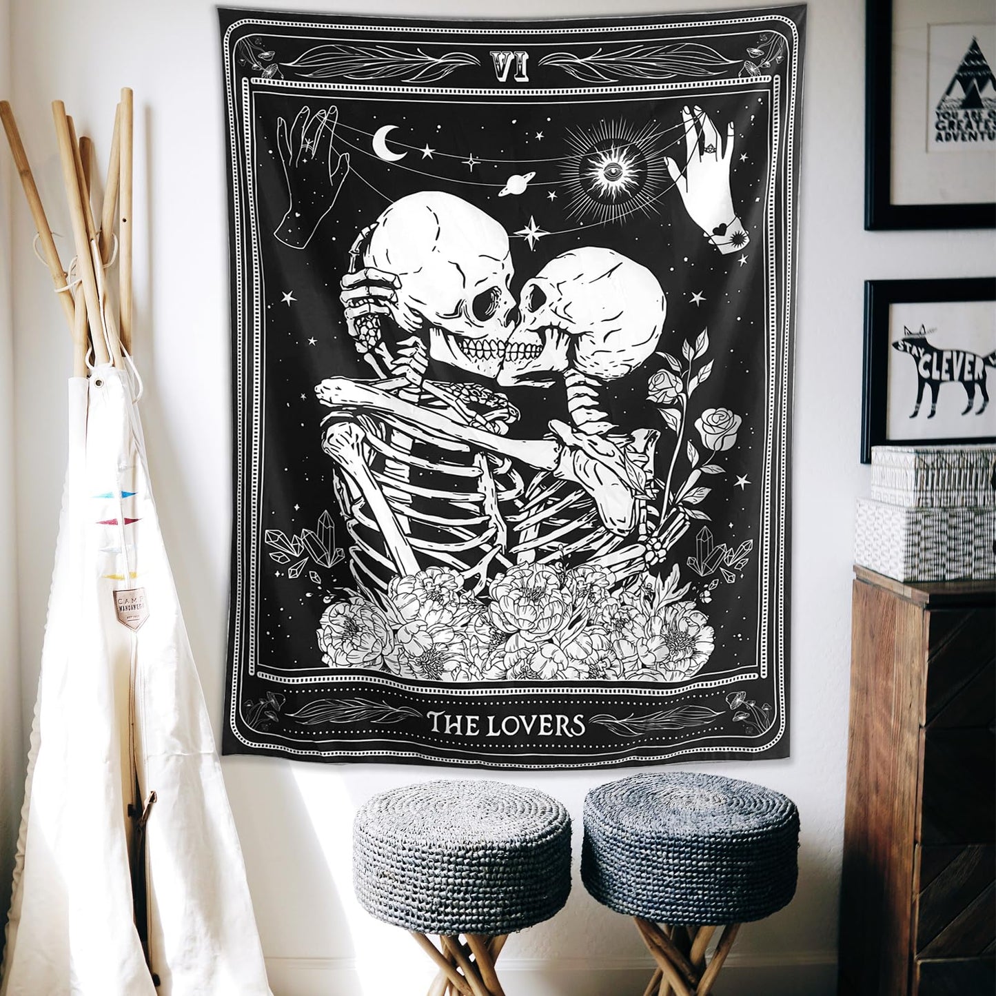 KJHL The Lovers Skull Wall Tapestry Black and White Skeleton Tapestry Gothic Room Decor Witchy Tapestries Aesthetic Wall Hanging for Bedroom Living Room 60" x 44"