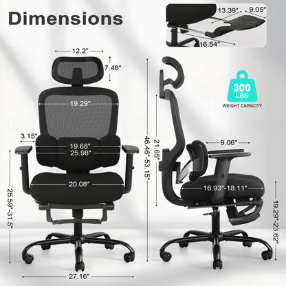 Ergonomic Office Chair with Footrest, Mesh Desk Chair with Adjustable Headrest & Armrests & Dynamic Floating Wing Lumbar Support, High Back Computer Chair for Home Office, BIFMA Certified, Black