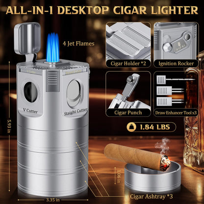 XIFEI 8-in-1 Desktop Cigar Lighter with Straight V-Cut Cutter, 3 Ashtrays, 3 Draw Enhancer Tools, 2 Stands, Cigar Punch, 4 Jet Flame Butane Torch Lighters, Luxury Accessories Gift Set (Silver)