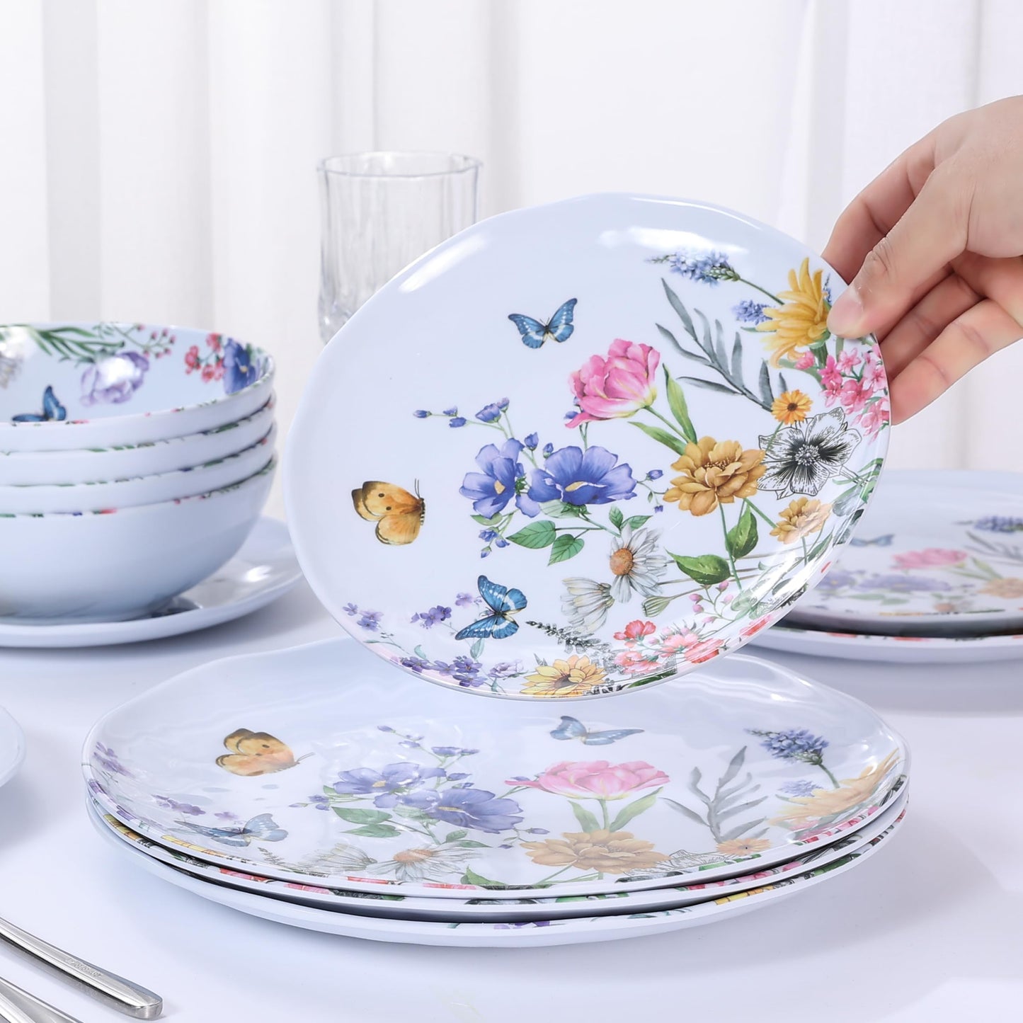 Lechoo 12 Piece Melamine Dinnerware Sets - Plates And Bowls Sets Floral Dinnerware Sets- Spring Camping Dishs Indoor Outdoor Use,Flowers And Butterflies Pattern