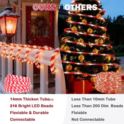 Vigdur Christmas Candy Cane Rope Lights - 18FT LED Rope Lights Outdoor Waterproof Decorative Christmas Lights for Holiday Party Home Patio Indoor Xmas Decorations(216 LEDs)