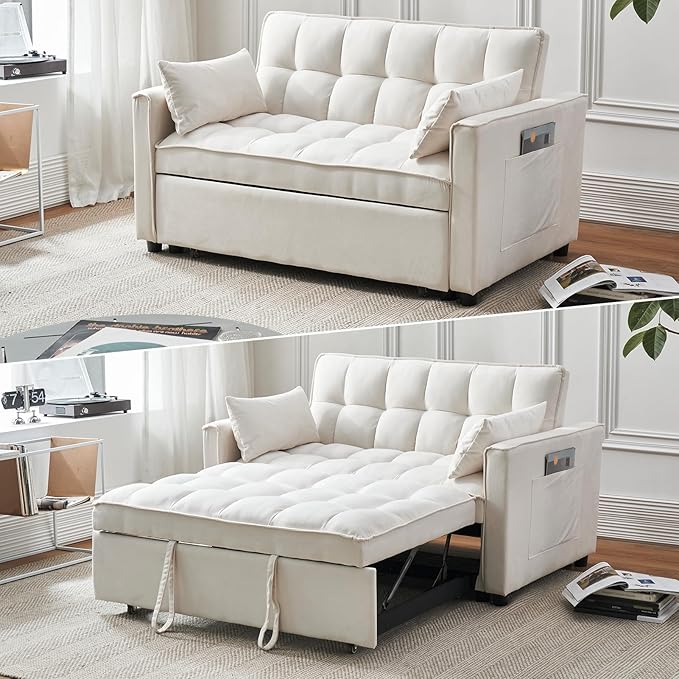3-in-1 Convertible Sleeper Sofa Bed, Premium Velvet Pull Out Loveseat