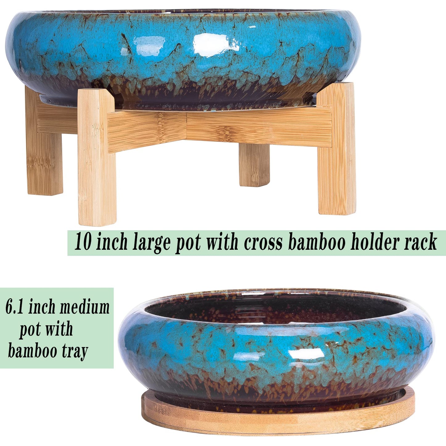 ARTKETTY Succulent Pots - 7.3/10 Inch Large Plant Pot Set of 2, Ceramic Bonsai Pot with Drainage Tray Shallow Planters for Indoor Succulents Glazed Cactus Flower Plant Container
