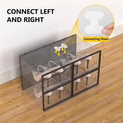 12 Pack Large Shoe Organizer Storage Boxes for Closet, Modular Space Saving Shoe Boxes Clear Plastic Stackable Sneaker Containers Display Case with Lids, Black