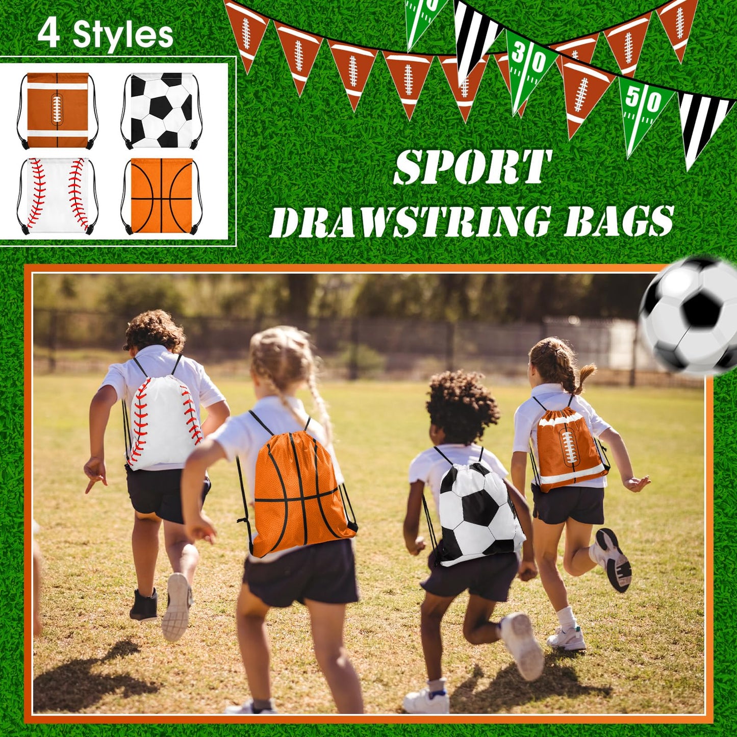 Censen 24 Pcs Drawstring Bags Set Bulk 12 x 10 Inch Waterproof Beach Pack for Soccer Baseball Basketball Football Gift Party (Sport Style)