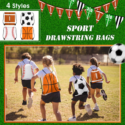 Censen 24 Pcs Drawstring Bags Set Bulk 12 x 10 Inch Waterproof Beach Pack for Soccer Baseball Basketball Football Gift Party (Sport Style)