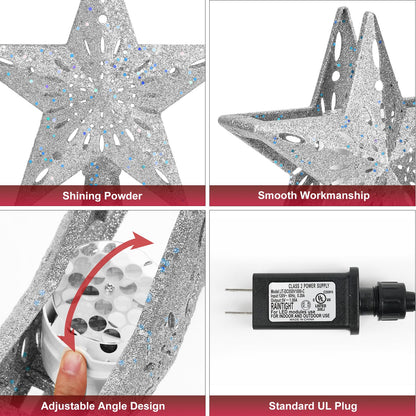 Winpull Christmas Tree Topper Lighted with 6 Pattern Projection Modes, Christmas Star Tree Topper Built-in LED Rotating Lights, Silver 3D Glitter Dynamic Projector for Christmas Decorations