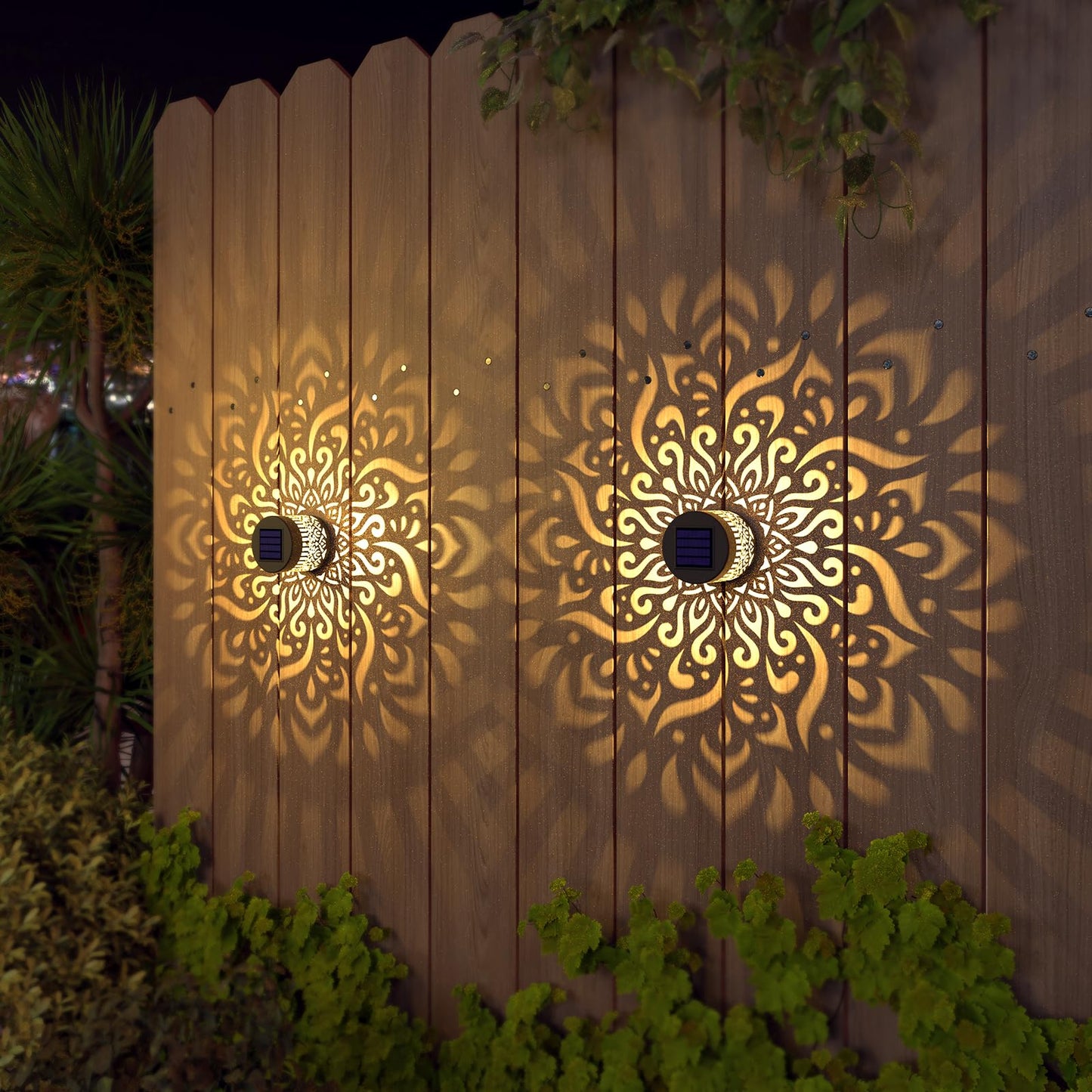 gardencave 2 Pack Solar Fence Lights Metal Solar Powered Outdoor Deck Step Wall Lights Mandala Theme Waterproof Fence Light for Garden Post Patio Backyard Yard Decor (2 Pack)