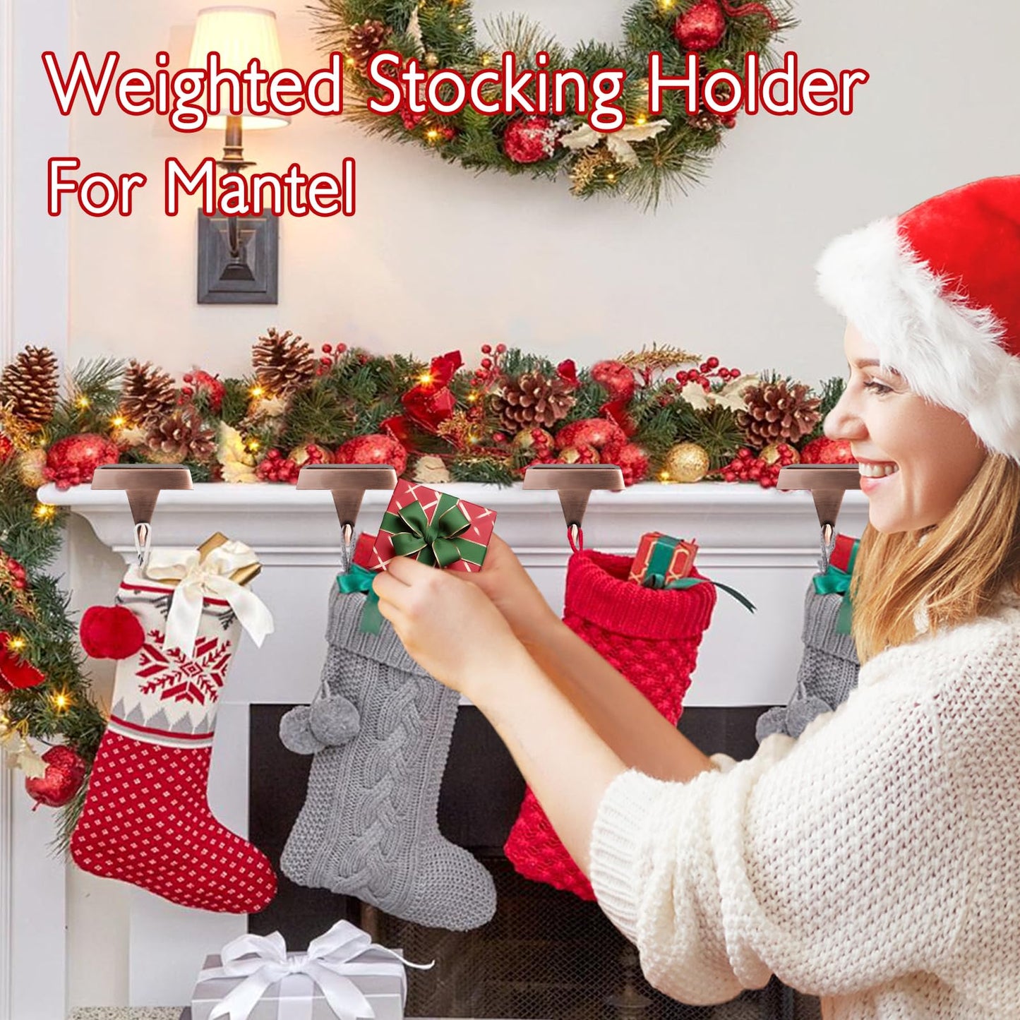 SINTENILL Christmas Stocking Holders for Mantle Set of 4, Heavy Weighted Metal Stocking Holders Hangers Low Profile Stocking Hooks Bases for Fireplace Table Xmas Holiday Party Decoration, Copper
