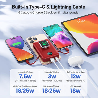 Magnetic Portable Charger for iPhone with Built-in Cables, 6-in-1 10800mAh Power Bank with iWatch Charger & LCD Display,25W PD Fast Charging Battery Pack for Magsafe,iPhone 16/15/14/13/12,Apple Watch