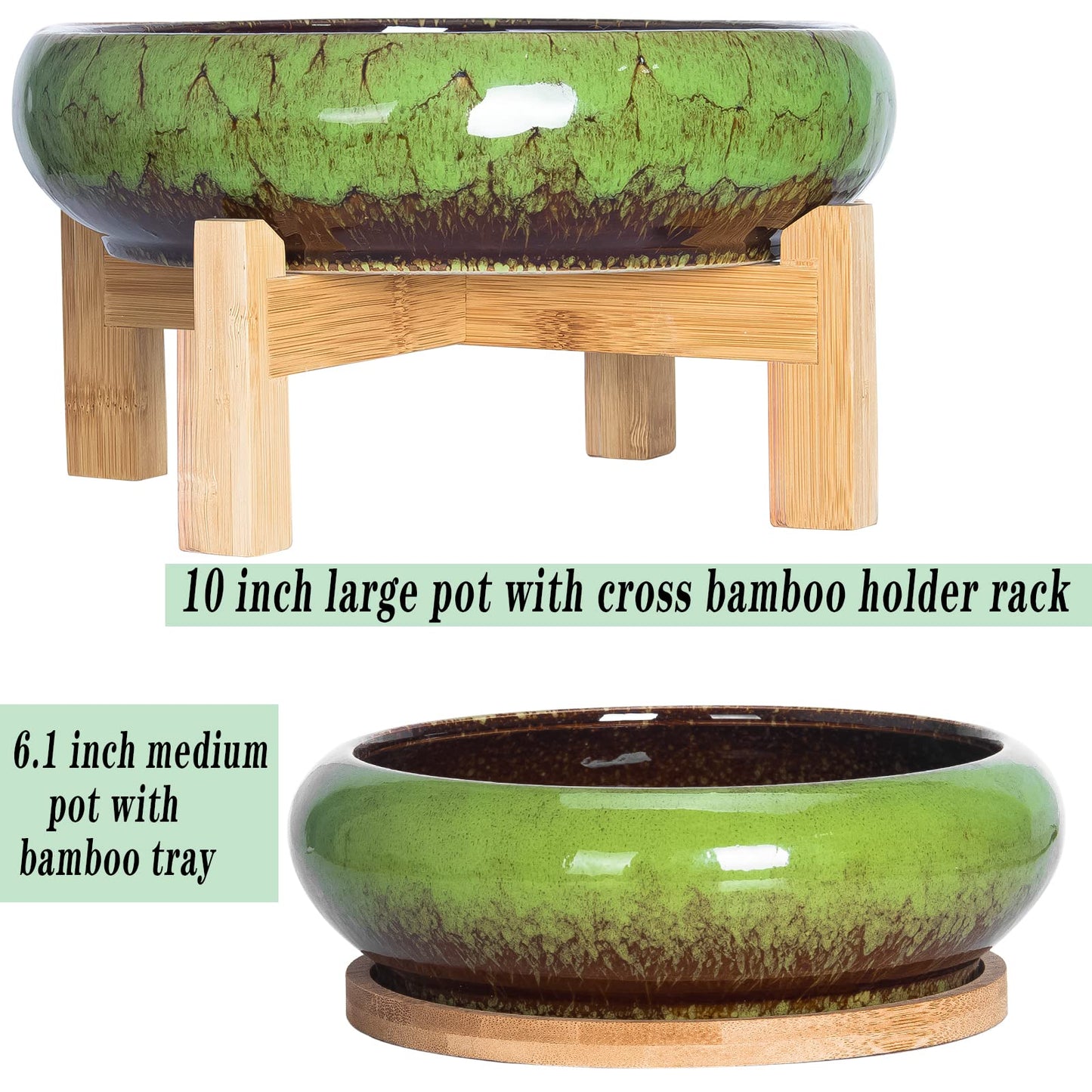 Succulent Planters, Large Succulent Pots with Drainage Bamboo Trays Colorful Bonsai Pots with Stand Ceramic Flower Pot Set of 2, Round Cactus Pot for Indoor Plants (7.3 and 10'')