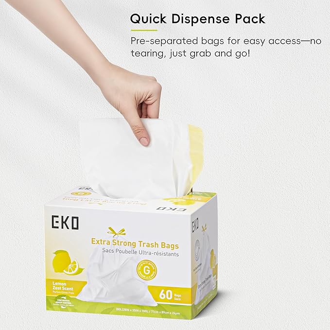 EKO 21 Gallon / 50-90 Liter, Extra-Strong Garbage Bags, Lemon Zest Scent
