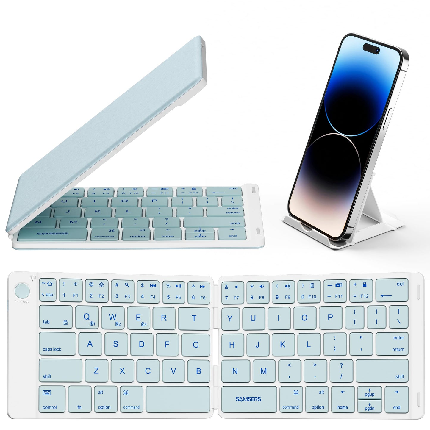 Samsers Foldable Bluetooth Keyboard - Portable Wireless Keyboard with Stand Holder, Rechargeable Full Size Ultra Slim Folding, Compatible iOS Android Windows Smartphone Tablet and Laptop - Black