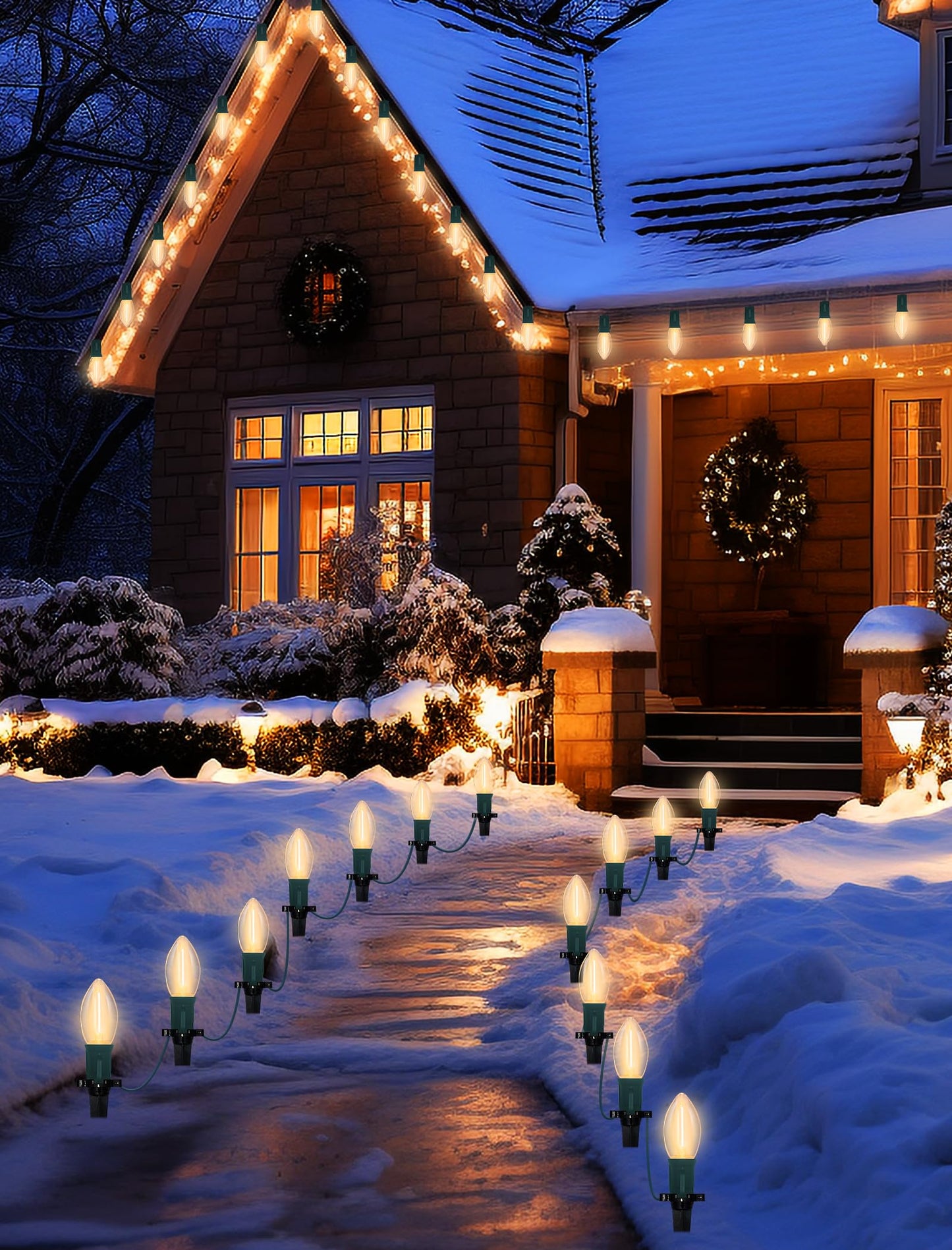 C9 Christmas Pathway Lights Outdoor 38Ft Connectable C9 LED Christmas String Lights with 25 LED Warm White Stakes Lights for Walkway Outdoor Yard Driveway Lawn Decorations