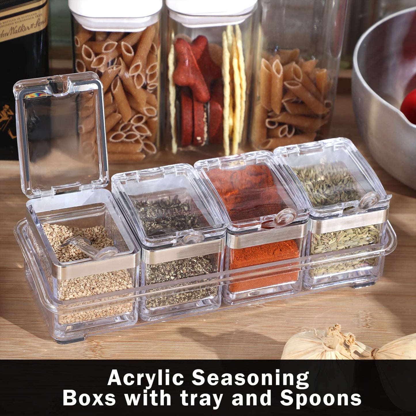 2 Set Acrylic Seasoning Organizer Box 10 x 4 x 3.2 in 8 Clear Seasoning Rack Spice Pot Condiment Container with Lid and Spoon Storage Container Spice Jar for Sugar Salt Kitchen Cooking Organizer
