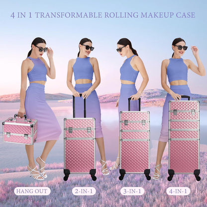 Joligrace Makeup Organiser 4-in-1 Beauty Case on Wheels Vanity Case Pink Trolley Nail Polish Organiser