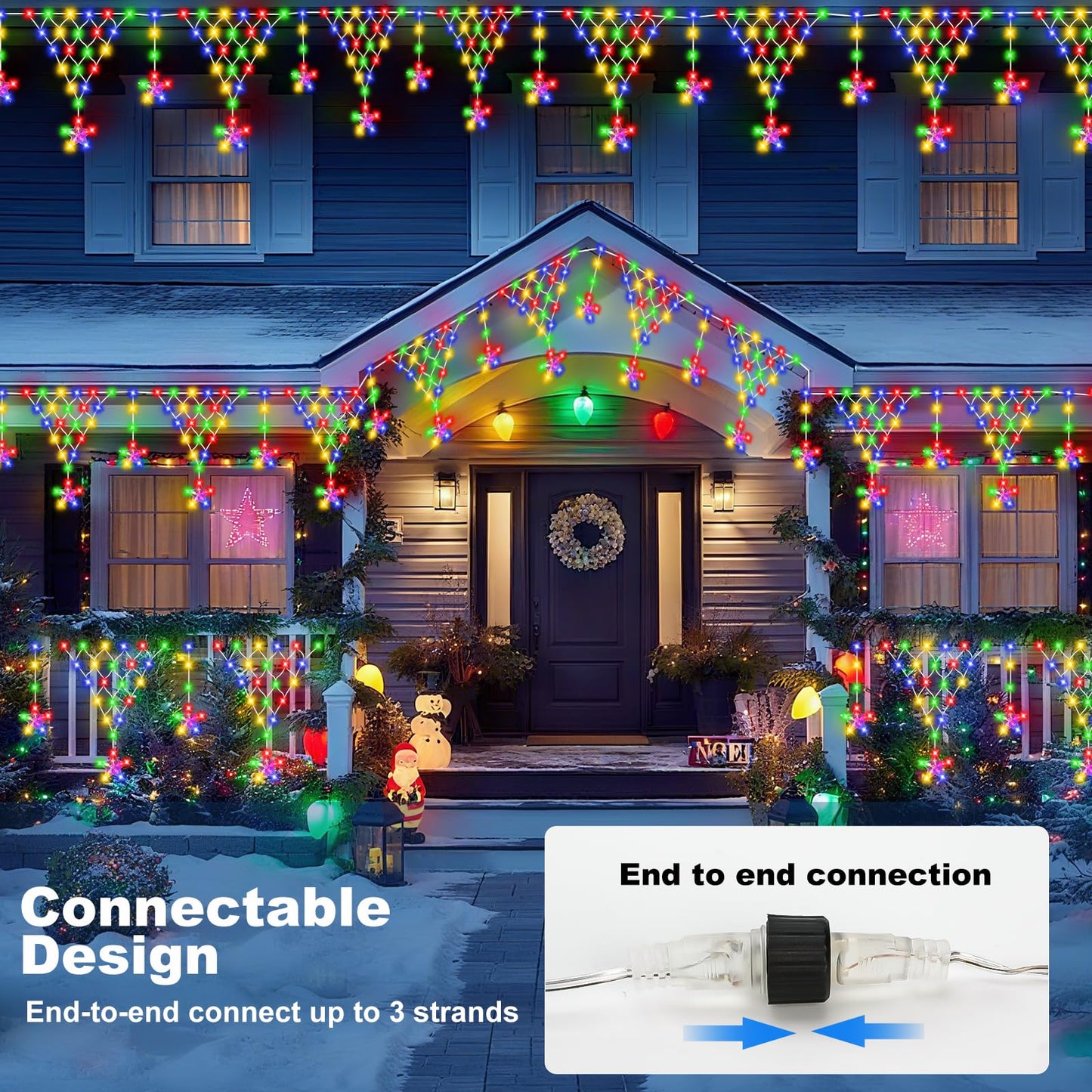 Ramadan Outdoor String Lights Waterproof, 218 LED 13.8FT Star Curtain Fairy Lights with 12 Drops Connectable Clear Wire Christmas Light Decorations 8 Modes for Eaves Yard Wedding Party Holiday Decor