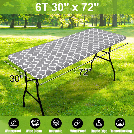 Smiry Rectangle Picnic Table Cover, Waterproof Elastic Fitted Camping Tablecloths for 6 Foot Tables, Wipeable Flannel Backed Vinyl Tablecloth Protector for Indoor, Outdoor (Grey, 30x72 Inches)